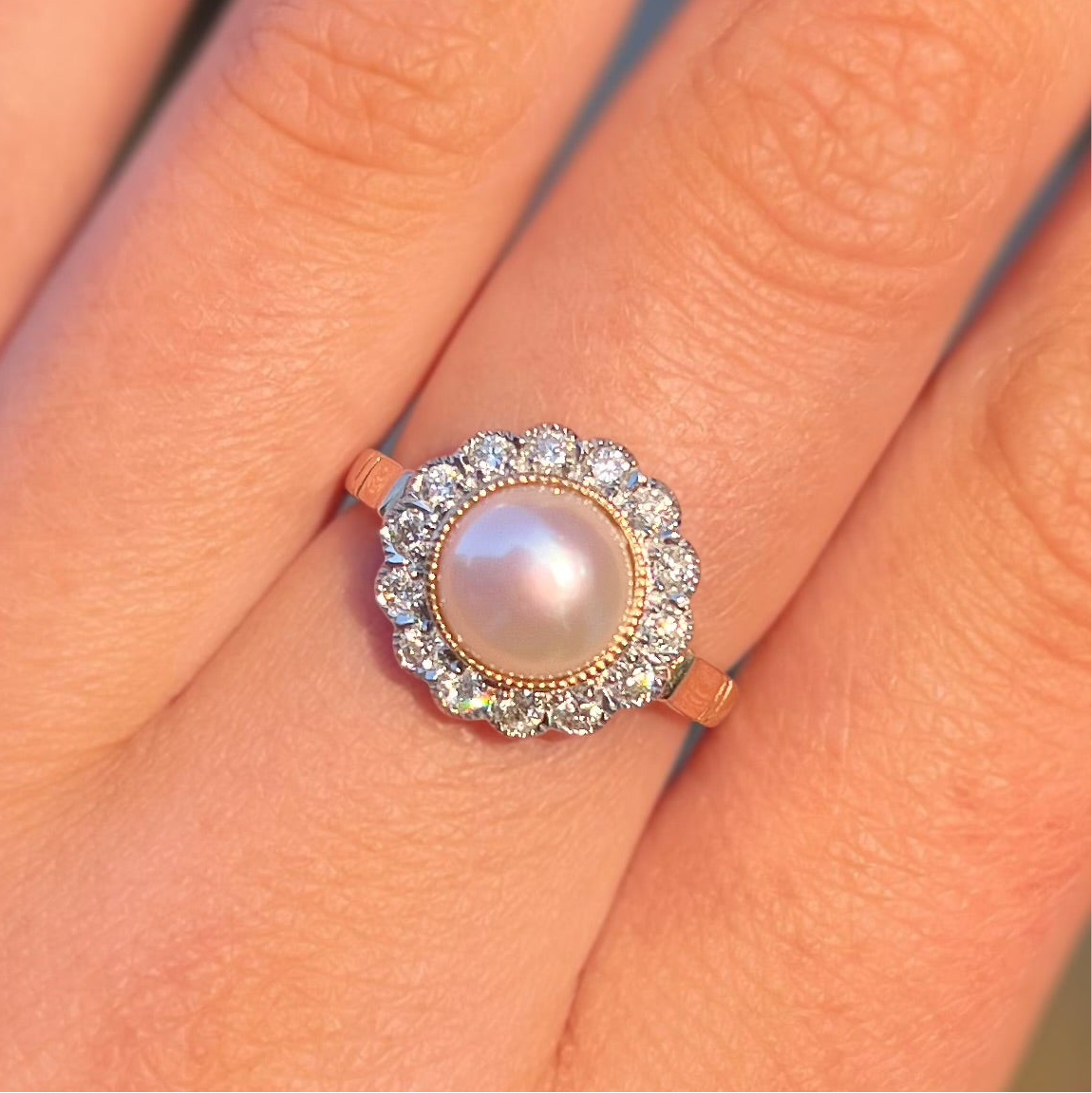 'The Audrey' Pearl and Diamond 9ct Yellow Gold Halo Cluster Ring | Size O