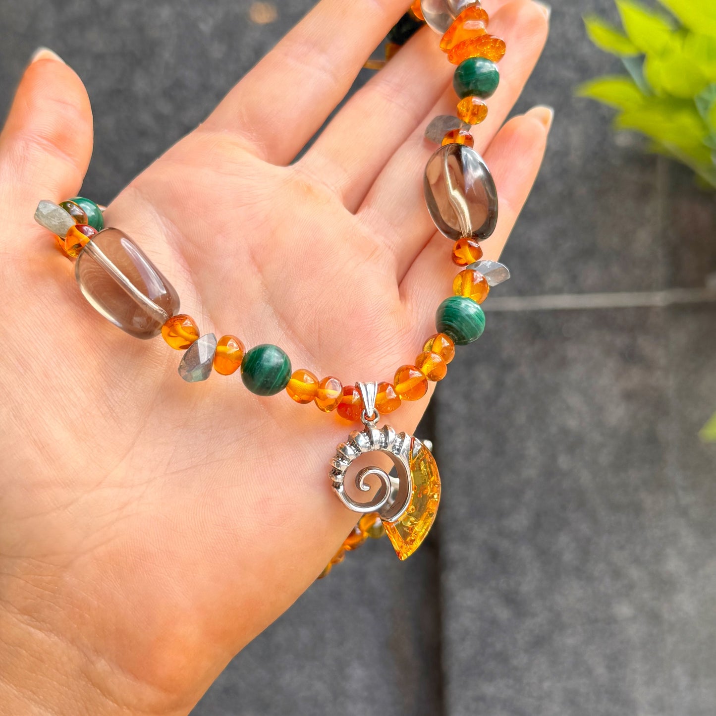 Orange Amber, Green Malachite, Dark Labradorite & Smoky Quartz Fossil Design Sterling Silver Beaded Necklace