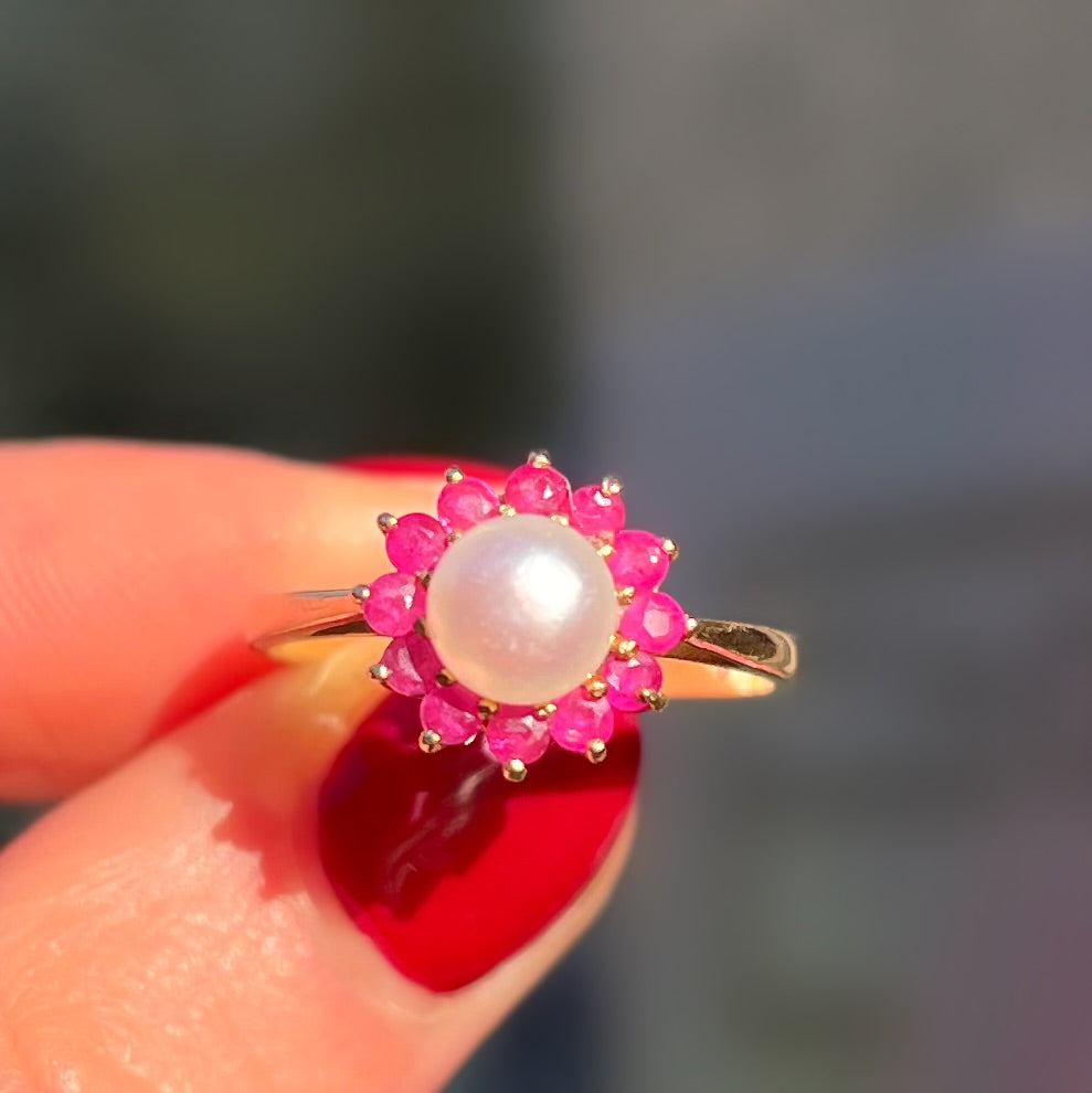 Rare Vintage Ruby and Pearl 14ct Gold Cluster Ring | Size O ½