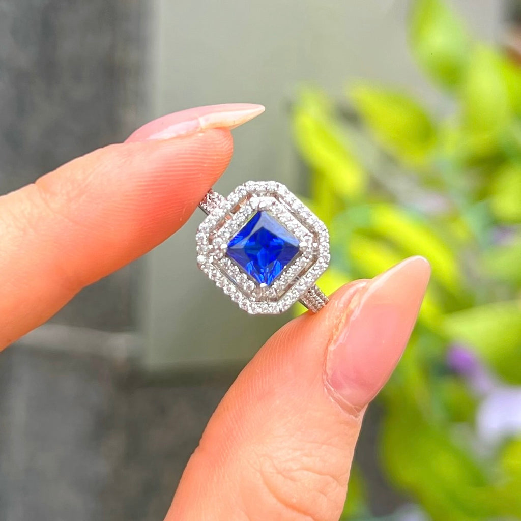 Blue Cubic Zirconia Sterling Silver Square Halo Ring | Size M