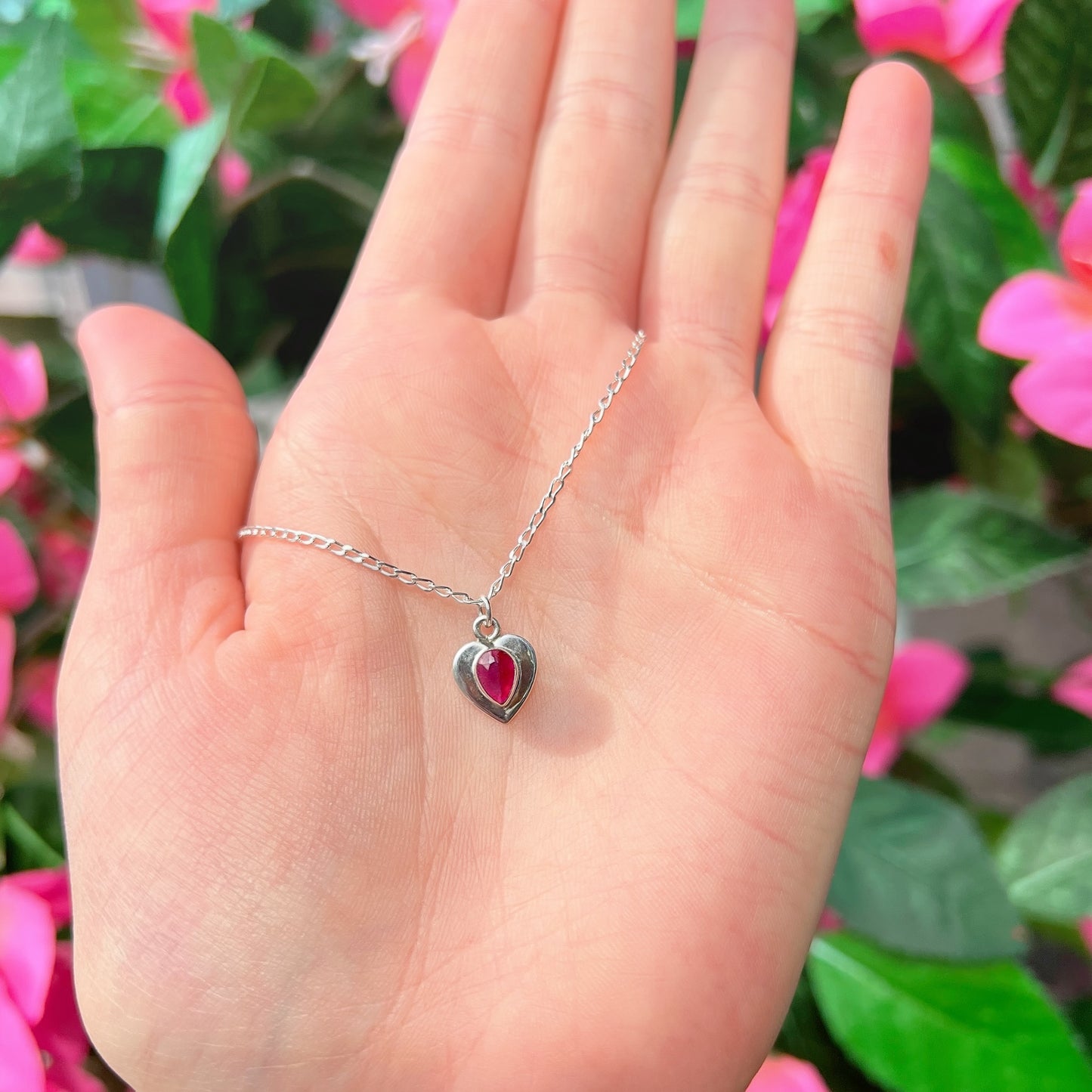 Sweet Sterling Silver Pear-Cut Ruby Heart Necklace