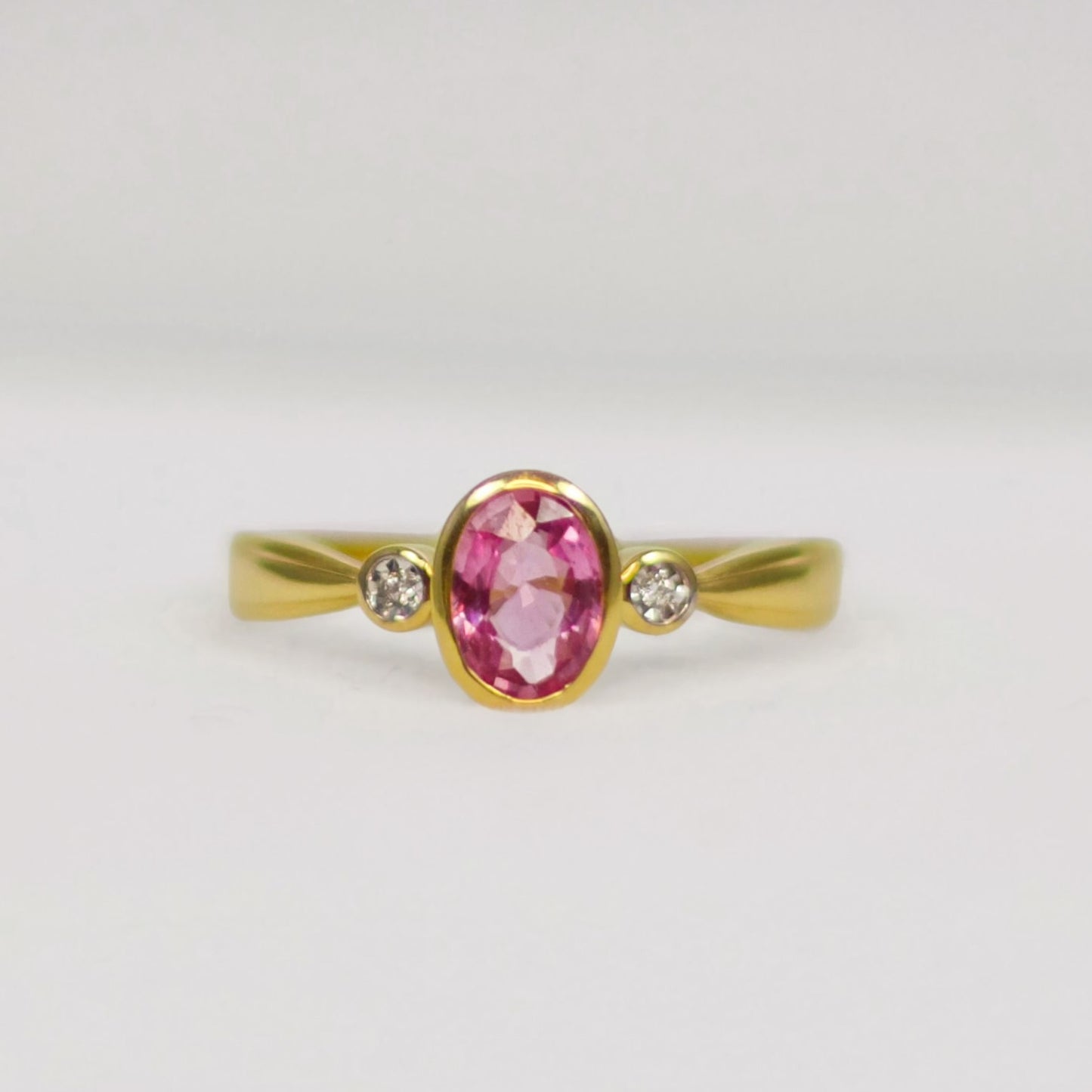 'Aurora' Ring - 9ct Yellow Gold Pink Sapphire and Diamond Trilogy Size O