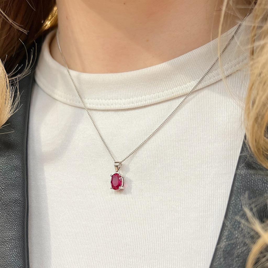 Oval-Cut Lab-Grown Ruby Sterling Silver Matching Necklace and Earring Set