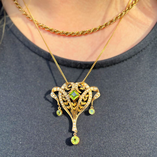 Antique Edwardian 9ct Yellow Gold Seed Pearl and Peridot Brooch/Pendant Lavalier