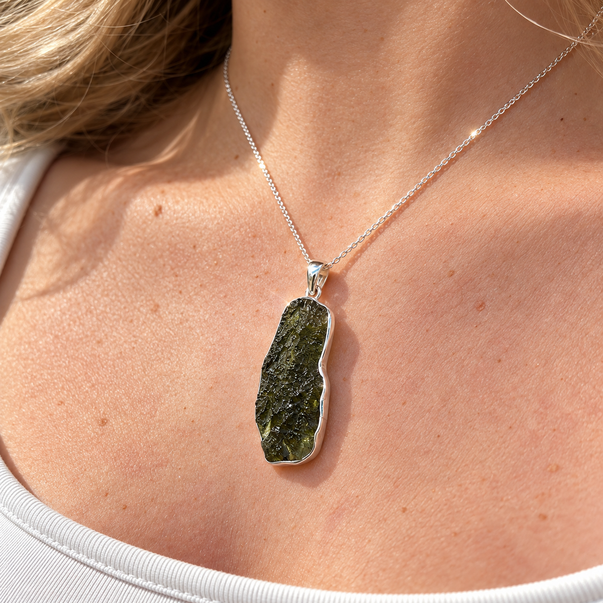 Rough Cut Green Moldavite Sterling Silver Pendant