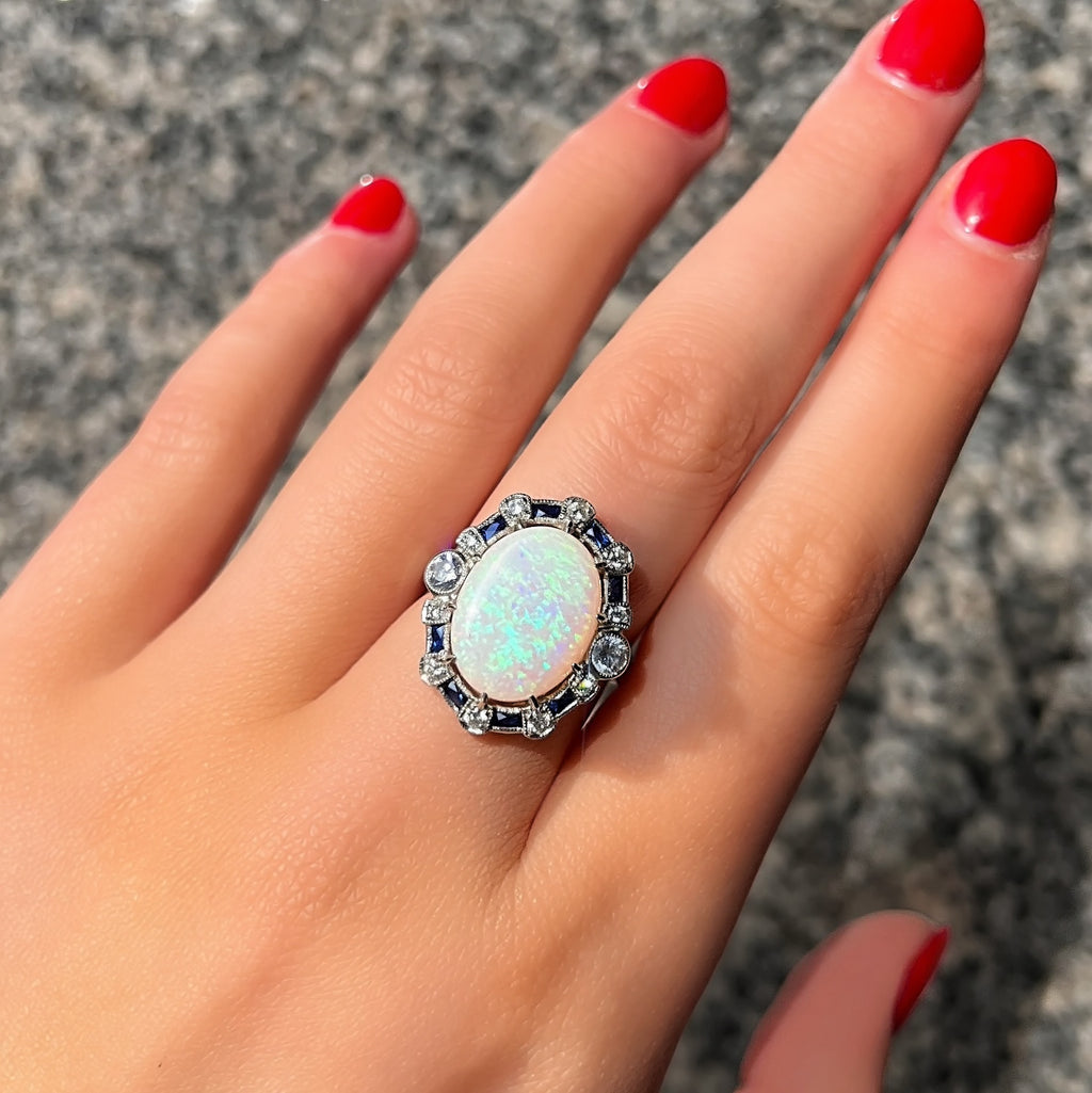 Art Deco Reproduction Opal, Sapphire and Diamond Platinum Ring | Size N ½