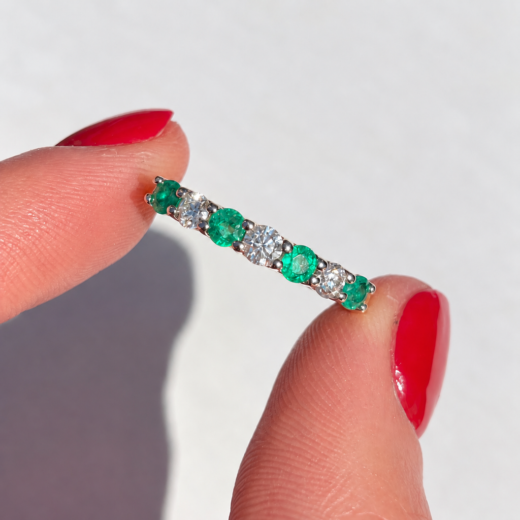 Emerald and Diamond Dainty 9ct Yellow Gold Half Eternity Ring | Size O