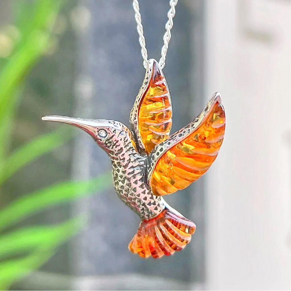 Amber Sterling Silver Bird Necklace