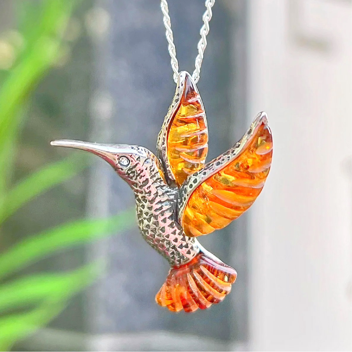 Amber Sterling Silver Bird Necklace
