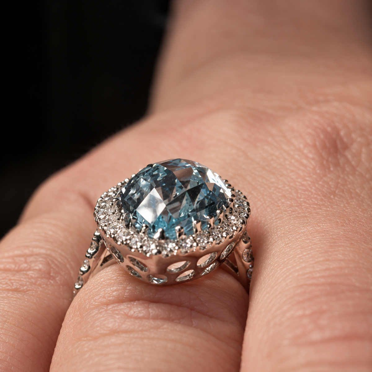 Marquise Cut Blue Topaz & Diamond 18ct White Gold Cocktail Ring | Size M