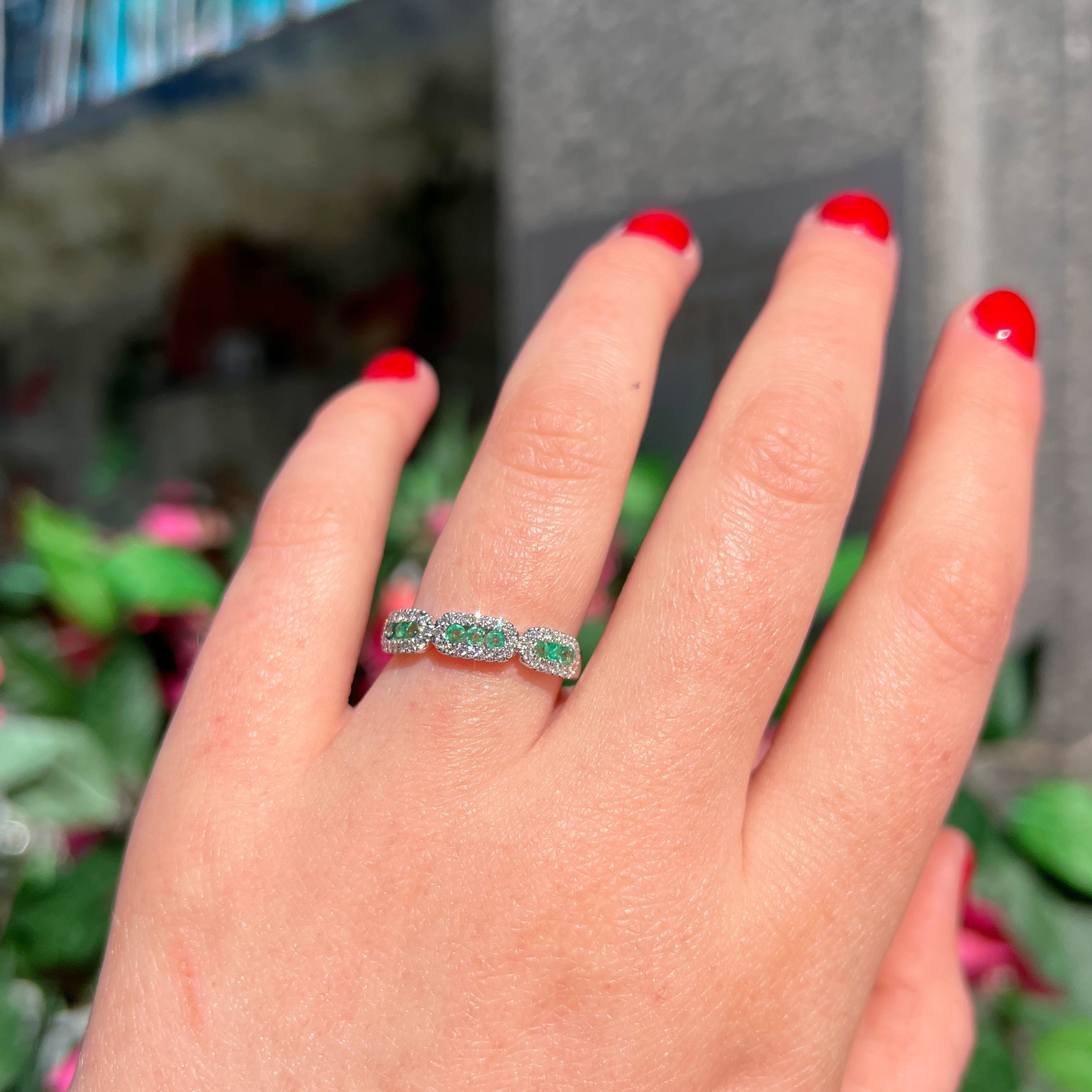 Emerald and Diamond 9ct White Gold Cluster Half Eternity Ring | Size O