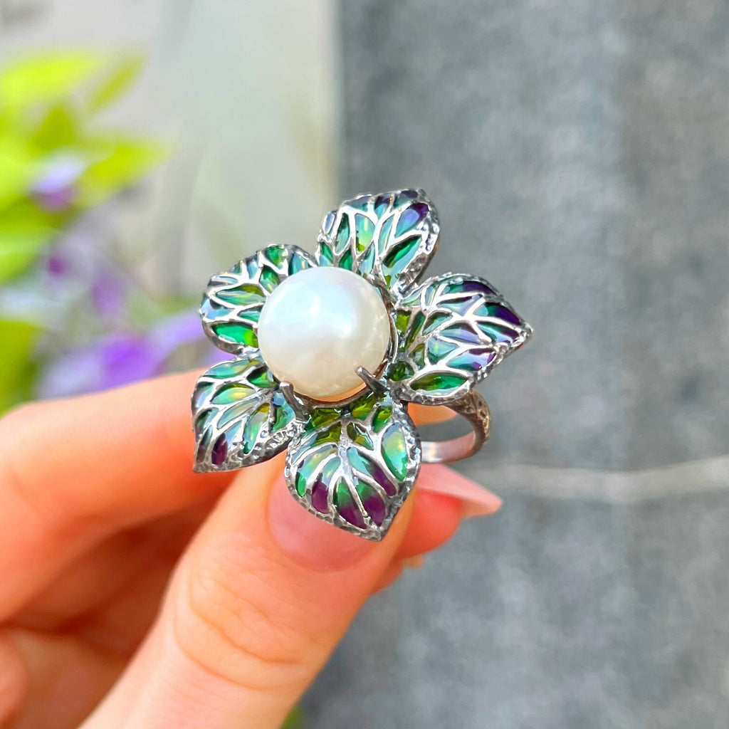 Pearl and Green/Purple Ombre Enamel Sterling Silver Ring | Size O