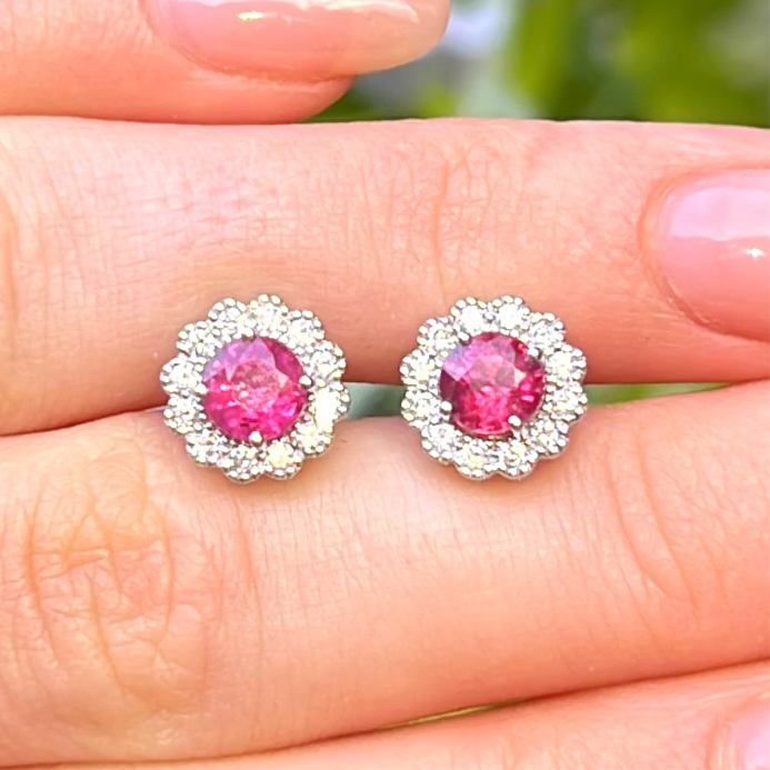 18ct White Gold Red Ruby and Diamond Halo Stud Earrings