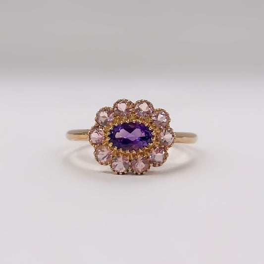 9ct Yellow Gold Amethyst and Pink Tourmaline Floral Victorian Reproduction Ring - Size M 1/2