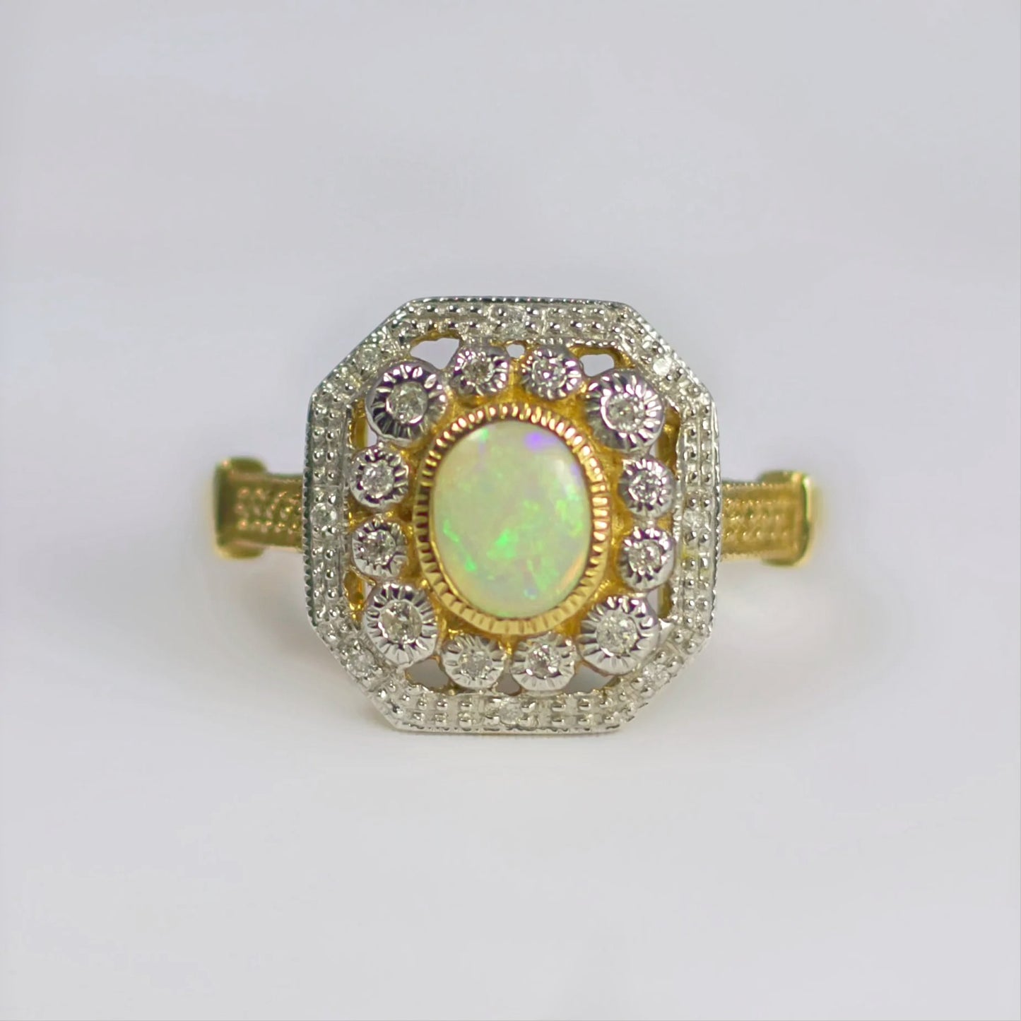 Opulent Art Deco Inspired 9ct Yellow Gold Octagonal Opal and Diamond Cluster Ring - Size O