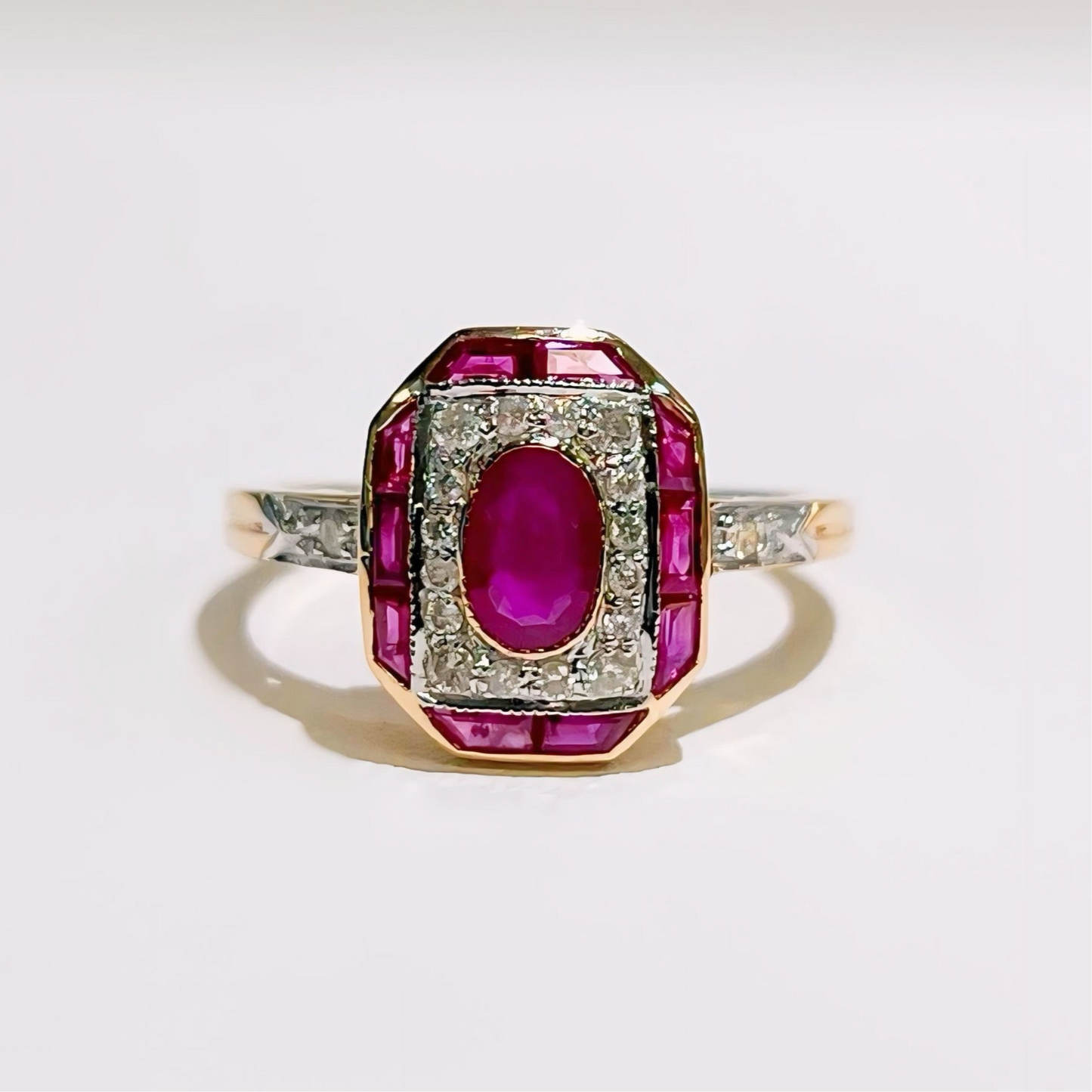 Art Deco Inspired 9ct Yellow Gold Ruby and Diamond Ring - Size O