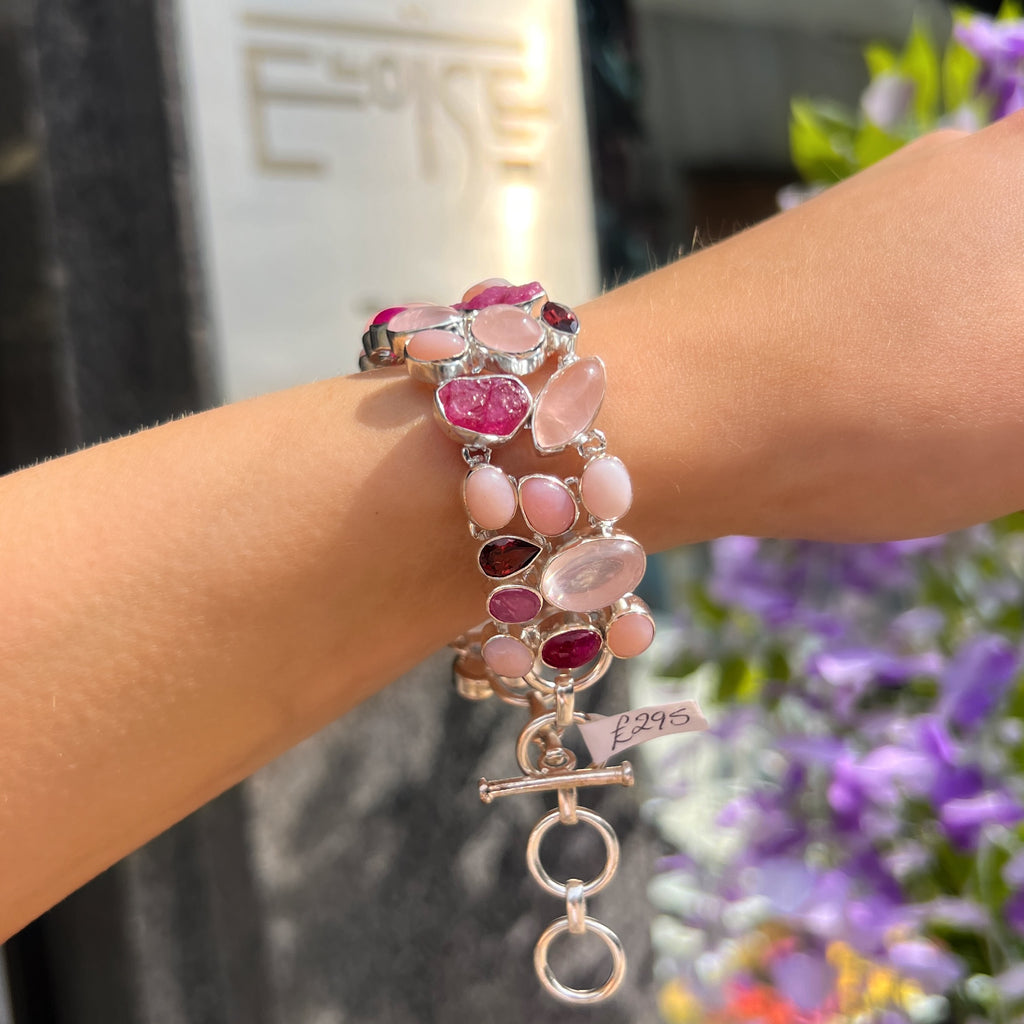 Ruby, White Pearl, Rose Quartz & Clear Quartz Sterling Silver Chunky Bracelet