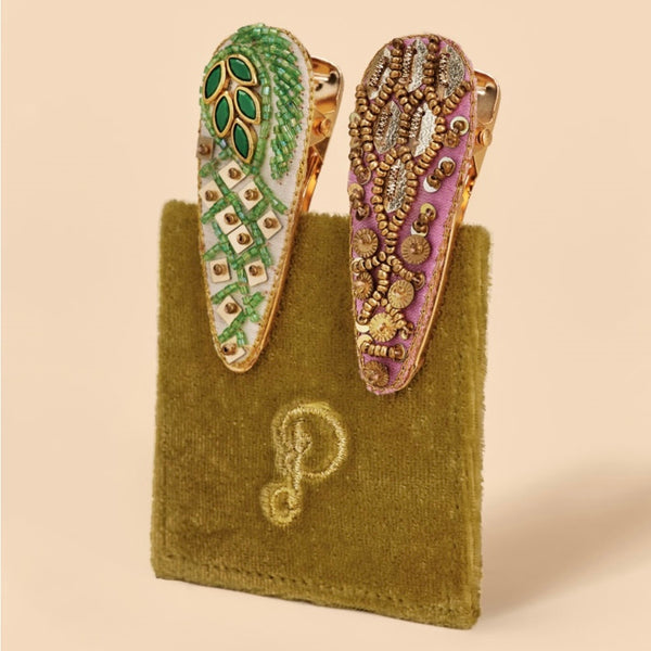 Pack of 2 Pink & Green Velvet Beaded Hair Clips - Powder Accessories