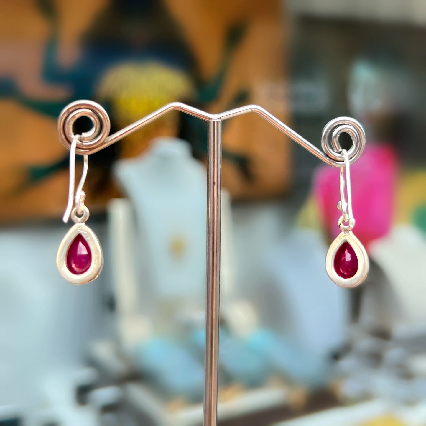 Pear Cut Bezel Set Sterling Silver Red Ruby Drop Earrings