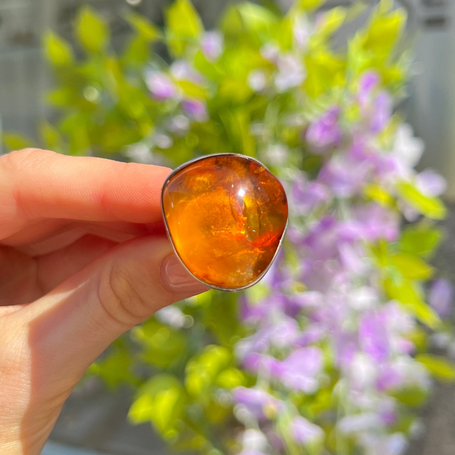 Super Chunky Sterling Silver Orange Amber Ring - Adjustable Size
