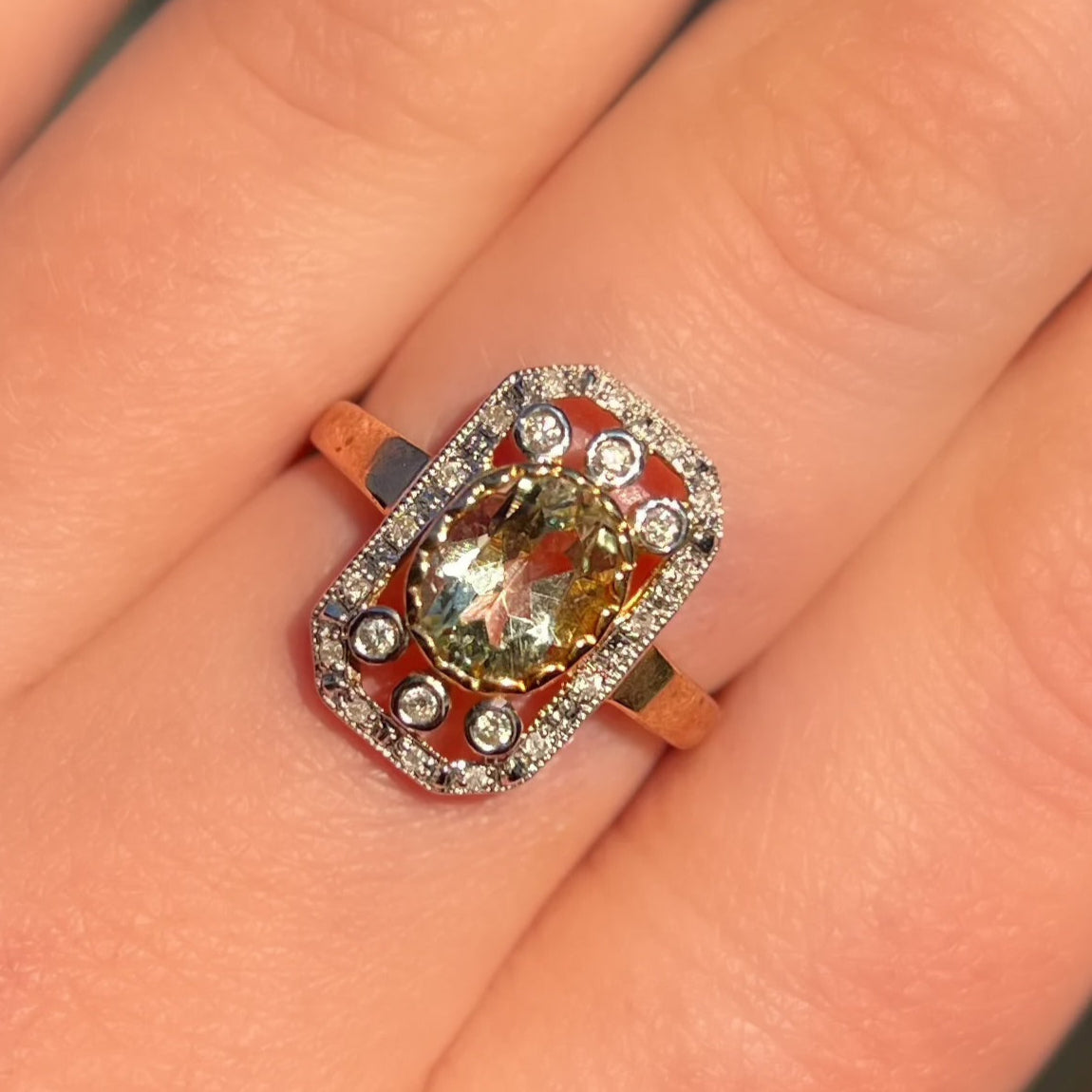 Art Deco Inspired Green Amethyst and Diamond 9ct Yellow Gold Ring | Size M