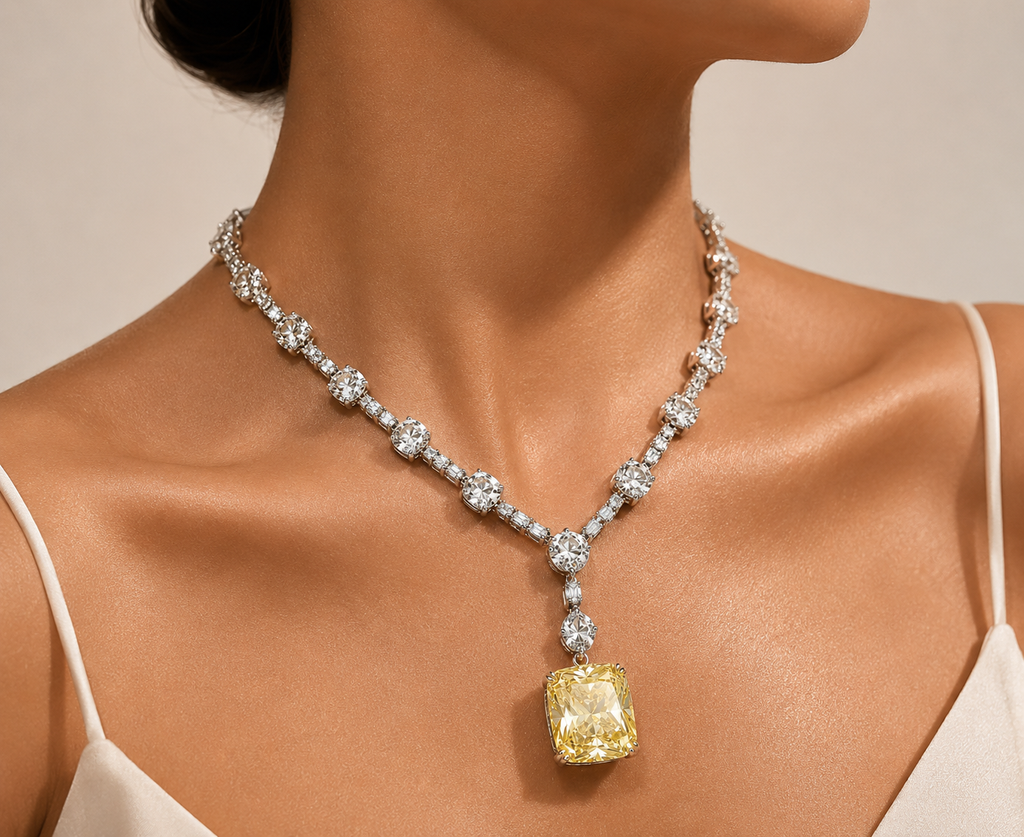 Clear and Lemon Yellow Cubic Zirconia Sterling Silver Encrusted Necklace