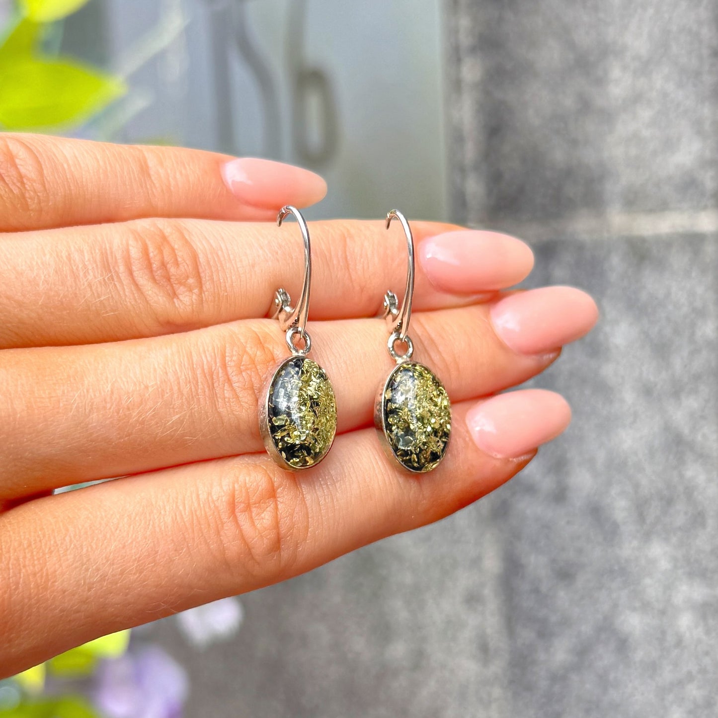 Green Amber Sterling Silver Oval Drop Earrings