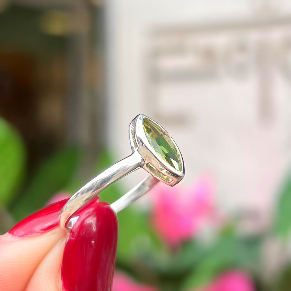 Minimalist Marquise Peridot Sterling Silver Bezel Set Solitaire Ring