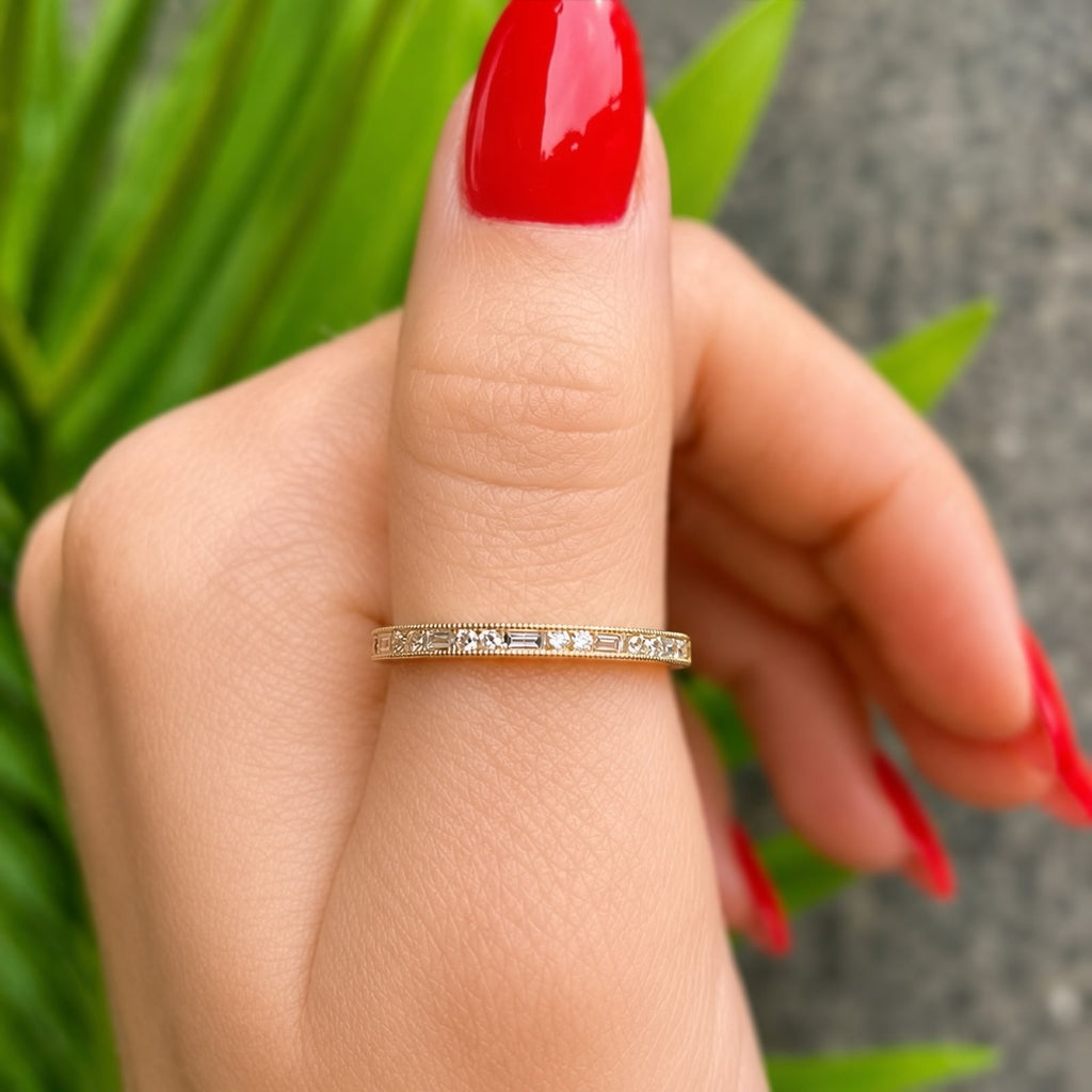 Brilliant and Baguette Cut Diamond 18ct Yellow Gold Half Eternity Ring | Size M ½