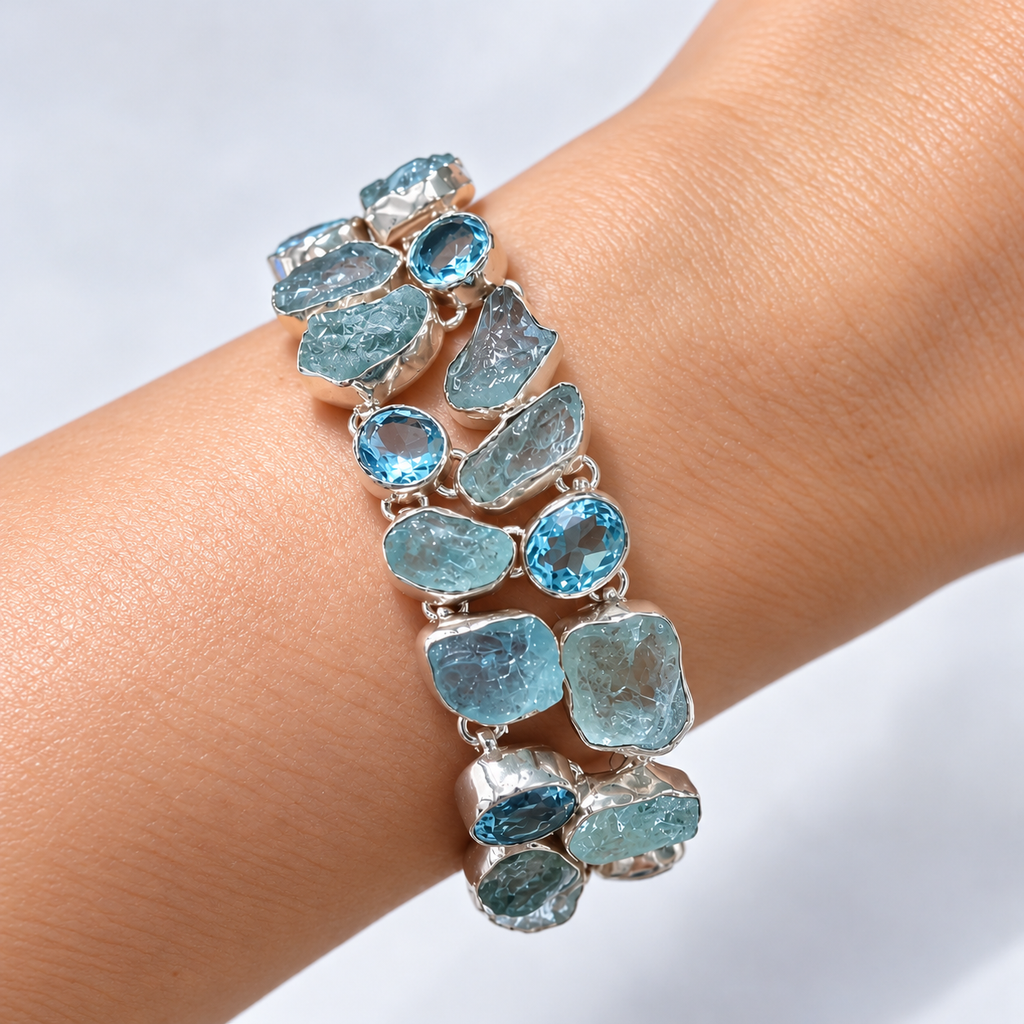 Raw Aquamarine and Blue Topaz Sterling Silver Bracelet