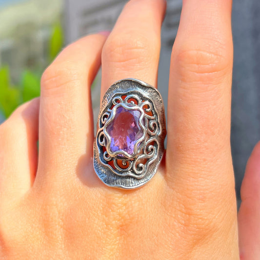 Swirl Sterling Silver Amethyst Ring - Size R