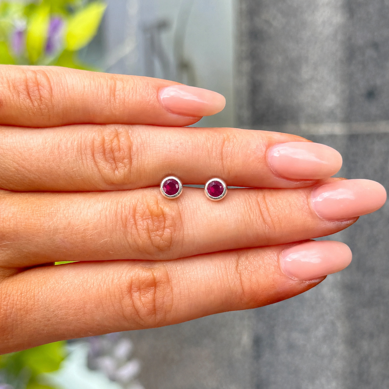 Bezel Set Round Ruby Sterling Silver Small Stud Earrings