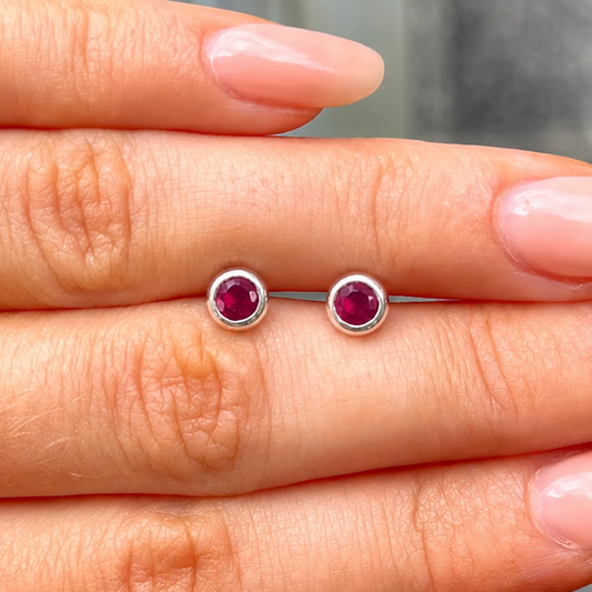 Bezel Set Round Ruby Sterling Silver Small Stud Earrings