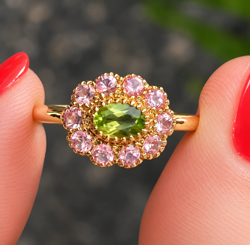 'The Arabella' Victorian Reproduction Peridot and Pink Tourmaline 9ct Yellow Gold Floral Inspired Ring | Size O