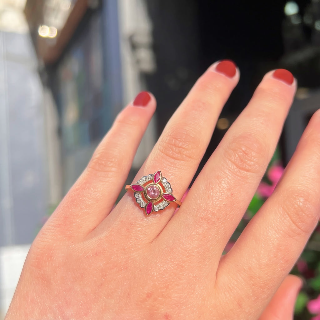 Edwardian Reproduction Pink Tourmaline, Ruby and Diamond 9ct Yellow Gold Ring | Size O