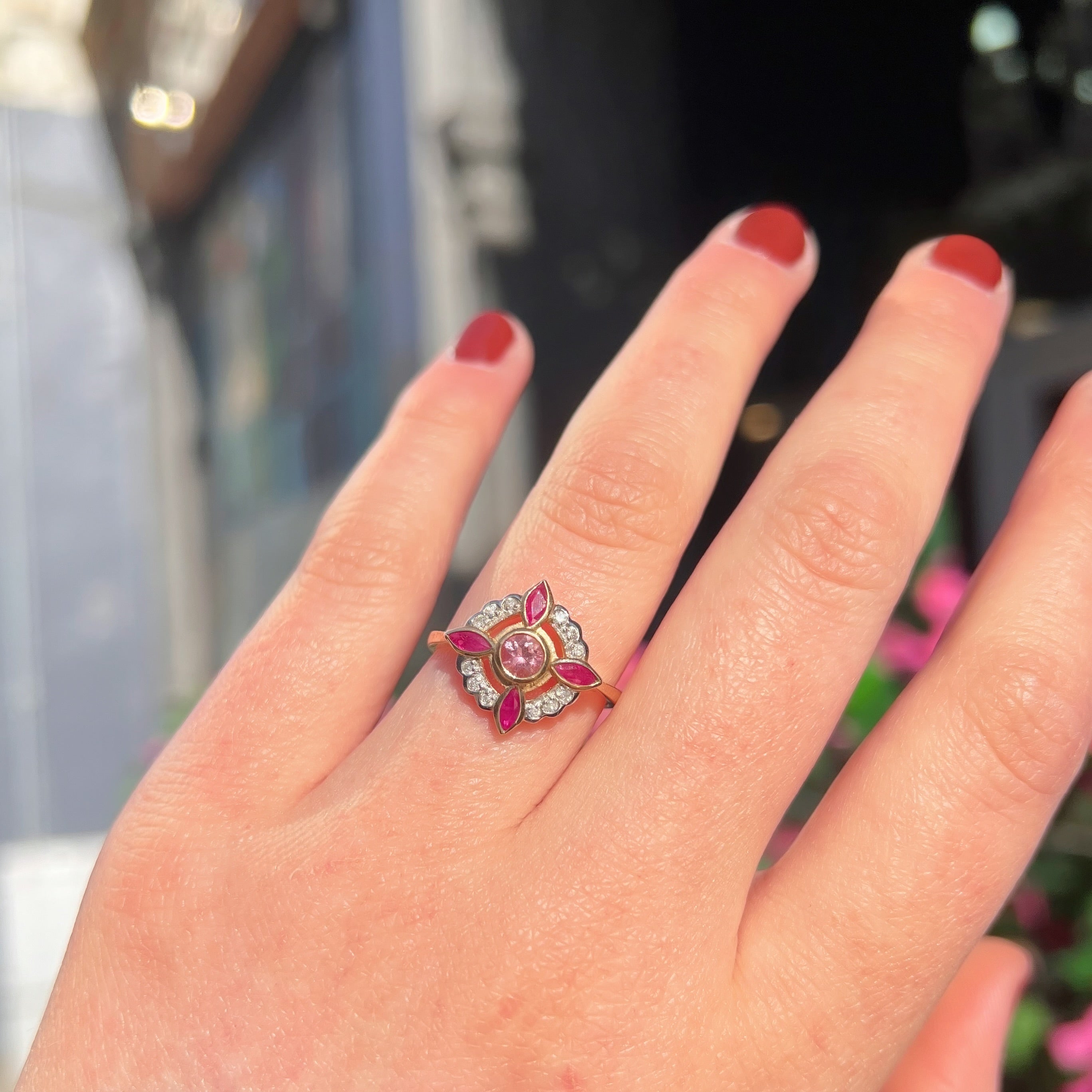 Edwardian Reproduction Pink Tourmaline, Ruby and Diamond 9ct Yellow Gold Ring | Size O