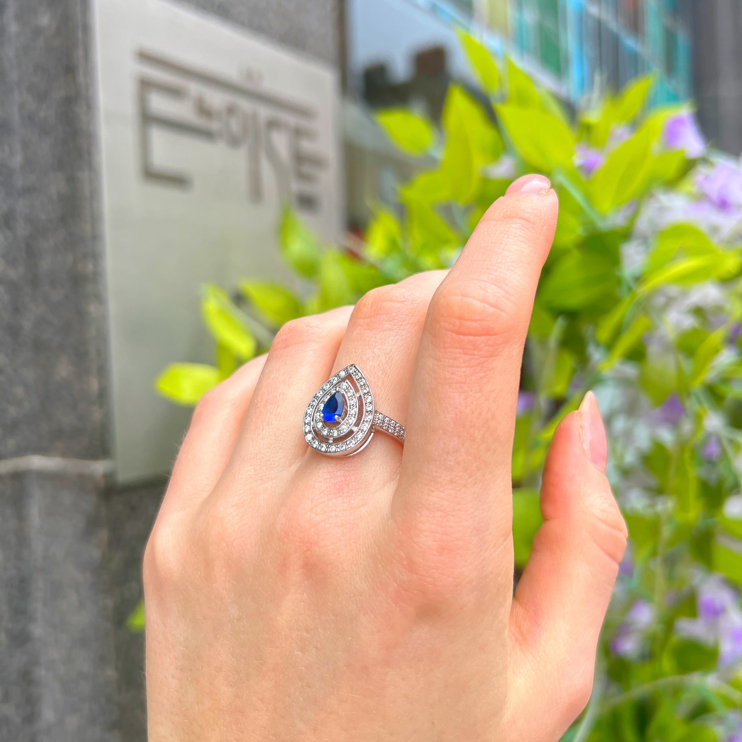 Blue Cubic Zirconia Sterling Silver Pear Shape Double Halo Ring | Size N