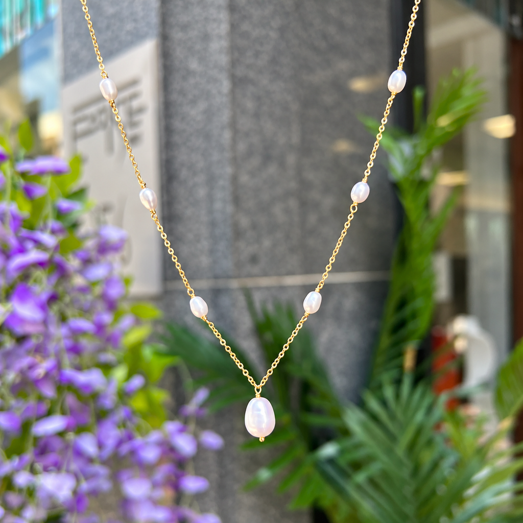 Pearl 9ct Gold Plated Sterling Silver Dainty Station Necklace
