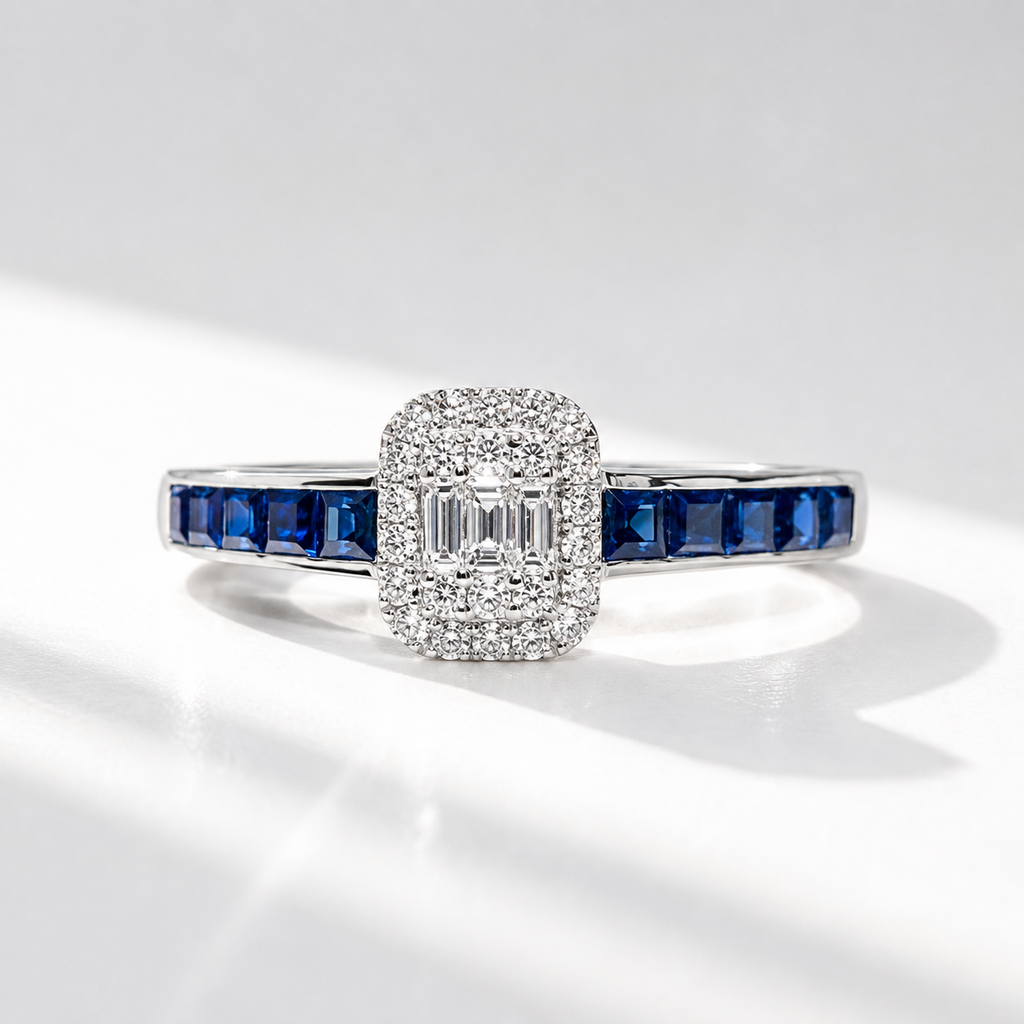 Sapphire and Diamond 18ct White Gold Modern Cluster Ring | Size O