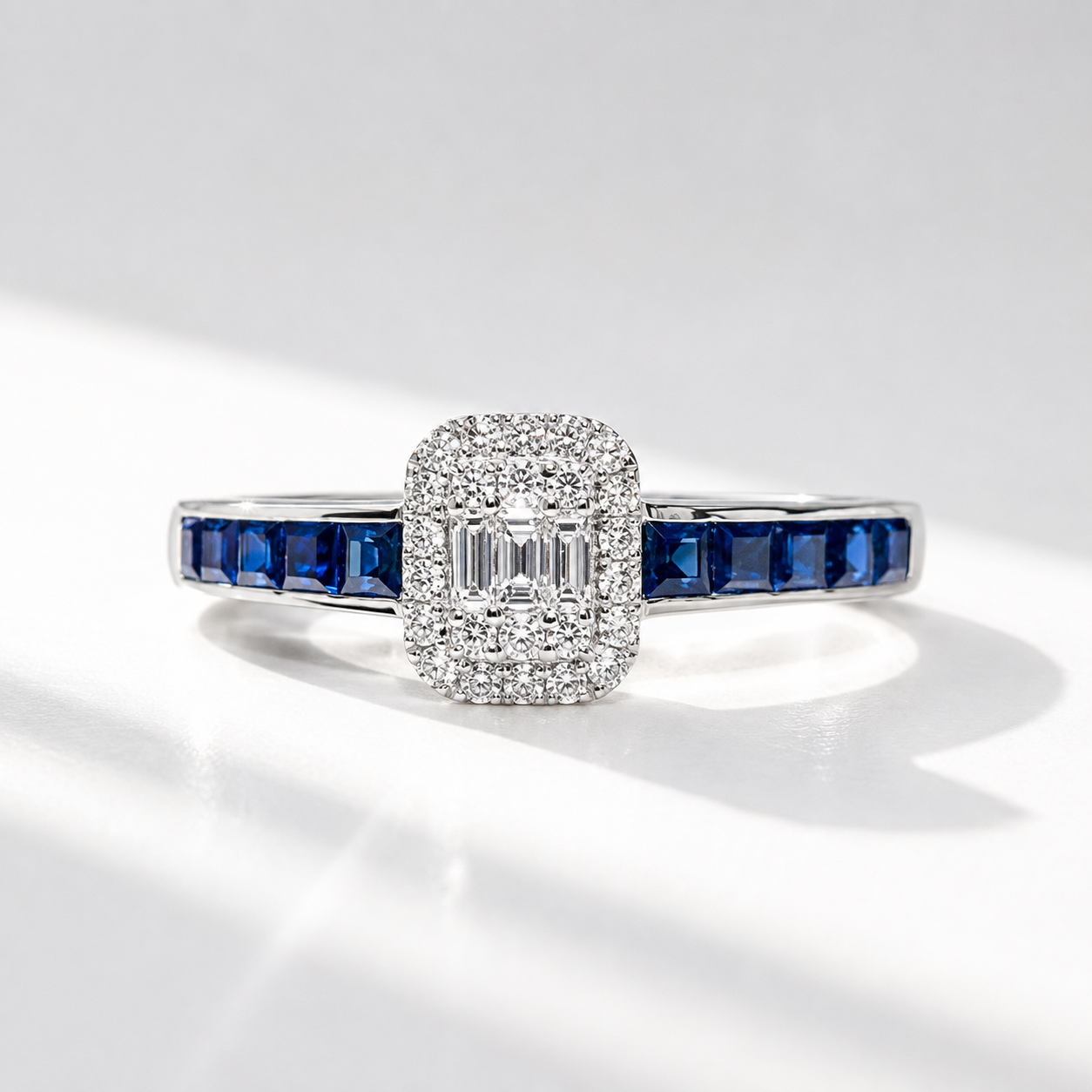 Sapphire and Diamond 18ct White Gold Modern Cluster Ring | Size O