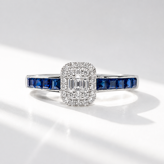 Sapphire and Diamond 18ct White Gold Modern Cluster Ring | Size O