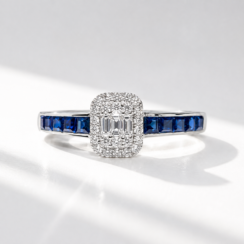Sapphire and Diamond 18ct White Gold Modern Cluster Ring | Size O