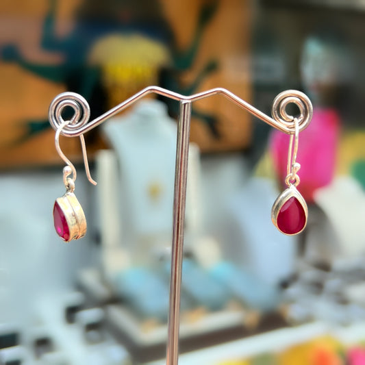 Pear Cut Bezel Set Sterling Silver Red Ruby Drop Earrings