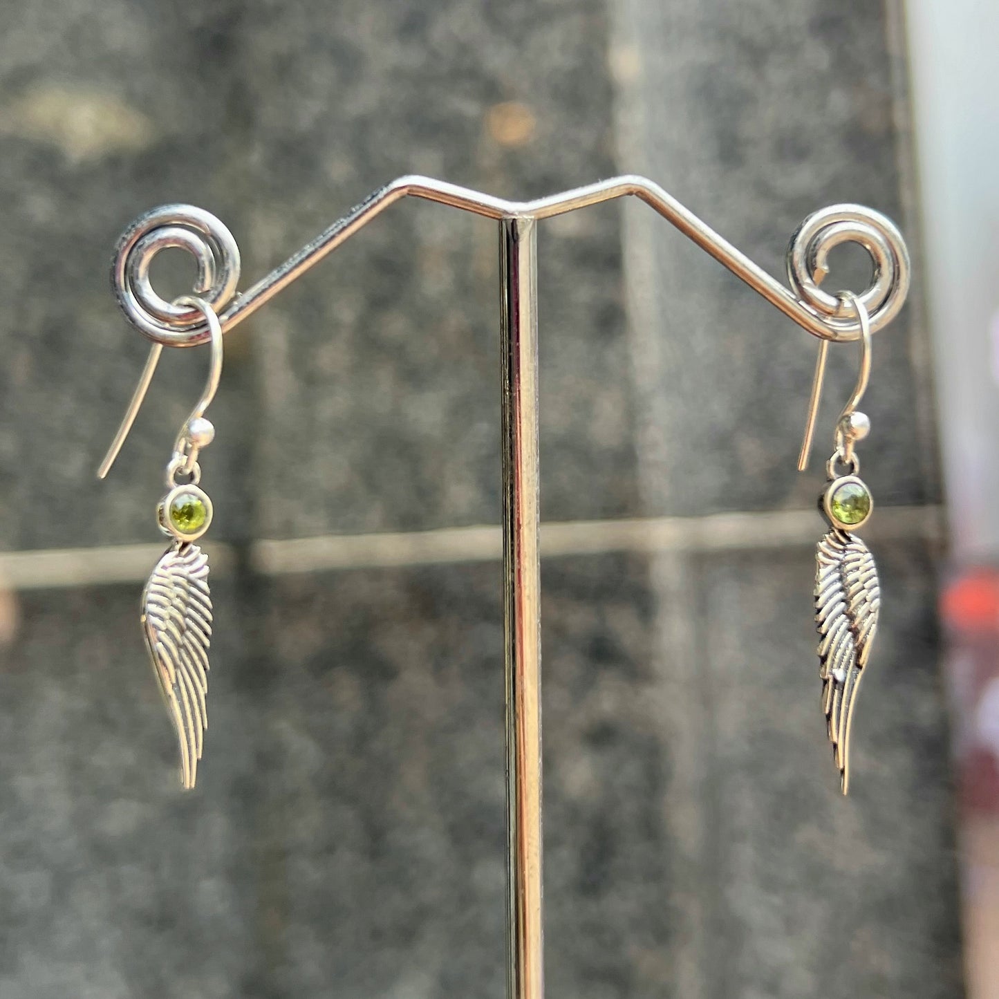 Dainty Sterling Silver Feather Wing Green Peridot Drop Earrings