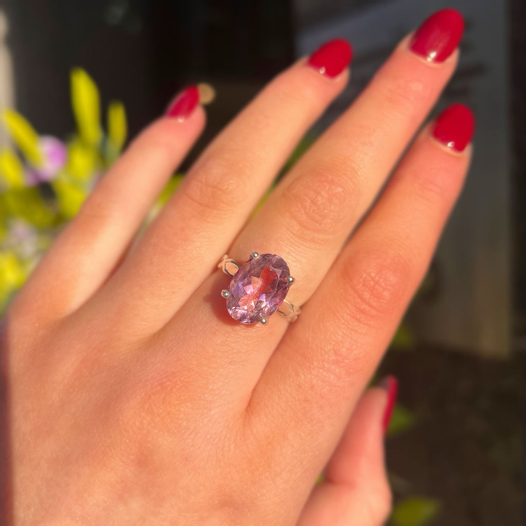 Swirly Oval Faceted Amethyst Sterling Silver Ring | Size L