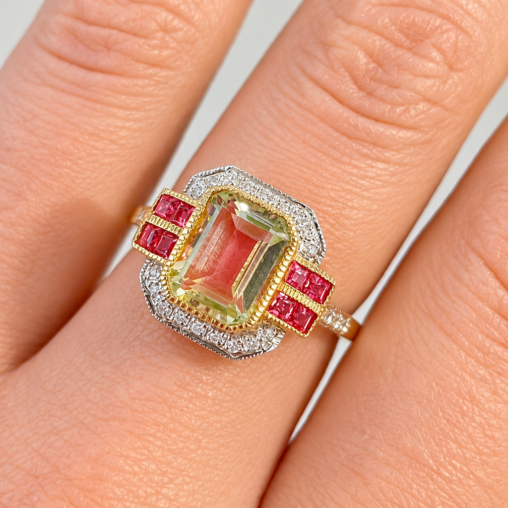 Art Deco Inspired Green Amethyst and Pink Tourmaline 9ct Yellow Gold Ring