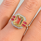 Art Deco Inspired Green Amethyst and Pink Tourmaline 9ct Yellow Gold Ring