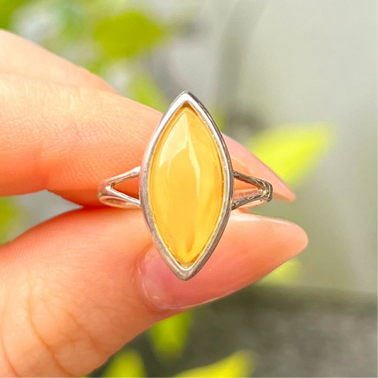 Sterling Silver Yellow Butterscotch Amber Marquise Cut Ring