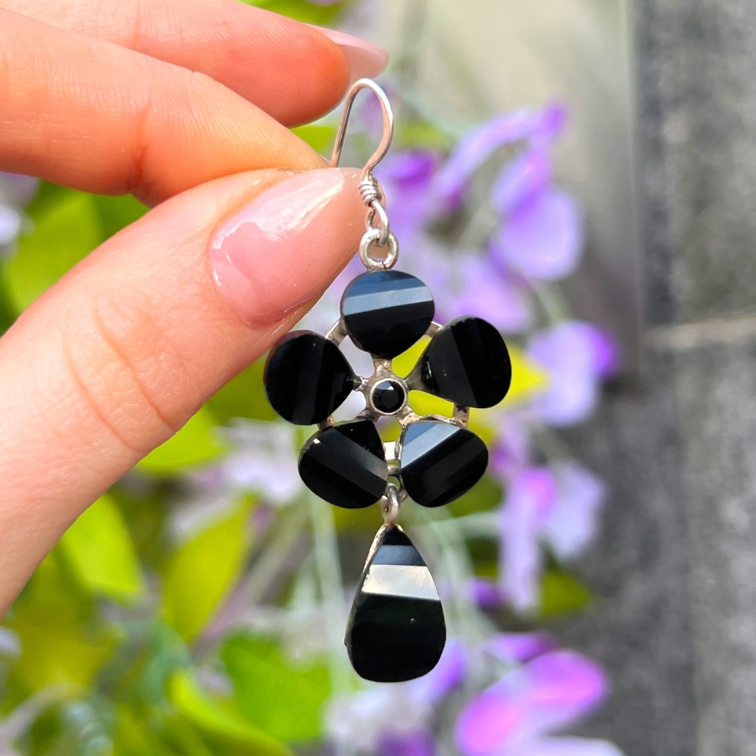 Onyx Sterling Silver Flower Drop Earrings