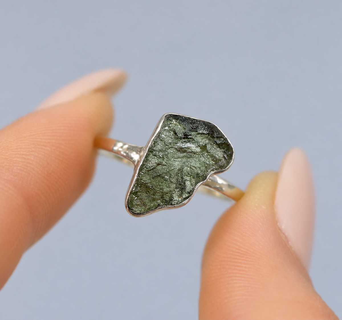 Rough Cut Green Moldavite Sterling Silver Ring | Size M